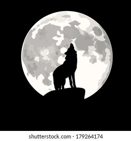 Vector square illustration of wolf howling at moon in night.