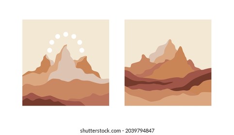 Vector square illustrations in simple flat style - boho abstract print - simple natural landscape with mountains and hills