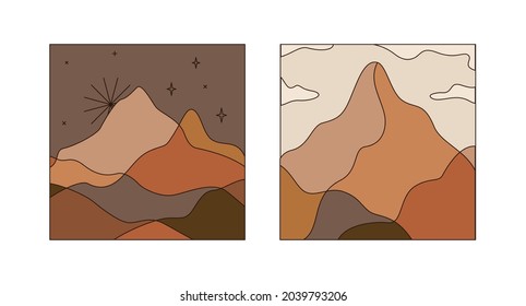 Vector square illustrations in simple line style - boho abstract print - simple natural landscape with mountains and hills