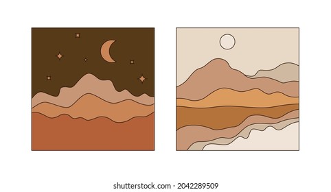 Vector square illustrations in simple line style - boho abstract print - simple natural landscape with mountains and hills
