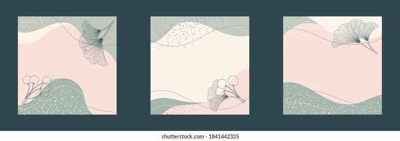 Vector square illustrations for social networks, posts, stories. Pastel identity. Beige, white, brown, green, peach ginkgo. Abstraction, lines, splashes, and dots. Set of frames for titles, captions