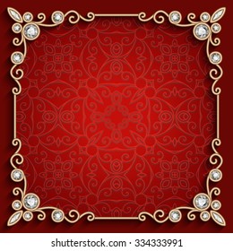 Vector square jewelry frame, vintage red background with diamond gold decoration, eps10