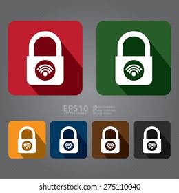 Vector : Square Key Lock With Wifi Flat Long Shadow Style Icon, Label, Sticker, Sign or Banner 