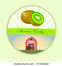 Vector square label, kiwi jam, sauce or juice label. Ripe kiwi for food and drink label, tropical dessert or exotic juice packaging design. Kiwi farm