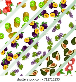 Vector square label, kiwi, strawberry, plum, grape avocado and lychee jam, sauce, wine or juice label. Ripe fruit for food and drink label, tropical dessert or exotic juice packaging design