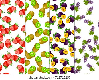 Vector square label, kiwi, strawberry, plum, grape jam, sauce, wine or juice label. Ripe fruit for food and drink label, tropical dessert or exotic juice packaging design