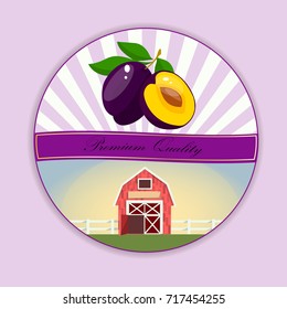 Vector square label, plum jam, sauce or juice label. Ripe plum for food and drink label, tropical dessert or exotic juice packaging design. Plum Farm