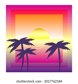 Vector square landscape  retrowave illustration with palm trees, sunset and sea