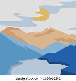 Vector square landscape shows sky,mountain,river in classic blue color tones.