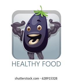 Vector square light blue frame with cartoon image of a purple eggplant standing, showing its muscles and smiling on a white background. Healthy food, lifestyle, diet. Inscription "Healthy food".