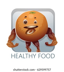 Vector square light blue frame with cartoon image of an orange standing, showing its muscles and smiling on a white background. Healthy food, lifestyle, diet. Inscription "Healthy food".