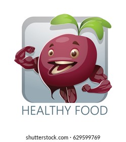 Vector square light blue frame with cartoon image of a maroon beetroot standing, showing its muscles and smiling on a white background. Healthy food, lifestyle, diet. Inscription "Healthy food".