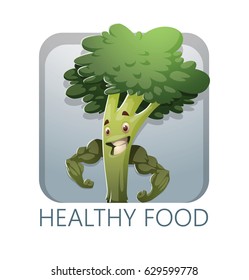 Vector square light blue frame with cartoon image of a green broccoli standing, showing its muscles and smiling on a white background. Healthy food, lifestyle, diet. Inscription "Healthy food".