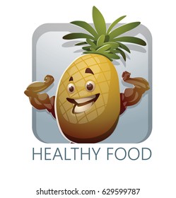 Vector square light blue frame with cartoon image of a yellow pineapple standing, showing its muscles and smiling on a white background. Healthy food, lifestyle, diet. Inscription "Healthy food".