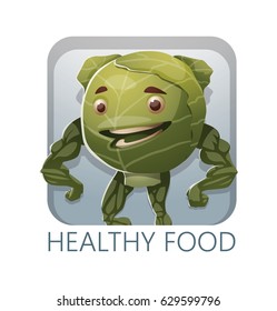 Vector square light blue frame with cartoon image of a green cabbage standing, showing its muscles and smiling on a white background. Healthy food, lifestyle, diet. Inscription "Healthy food".