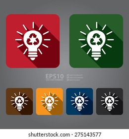 Vector : Square Light Bulb With Recycle Flat Long Shadow Style Icon, Label, Sticker, Sign or Banner