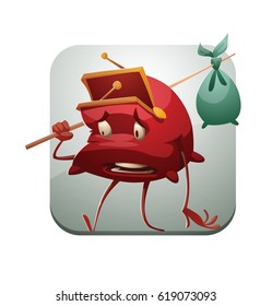 Vector square light gray frame with cartoon image of a funny empty red purse sadly walking somewhere with a bag on a stick on his shoulder on a white background. Money, business. Vector illustration.