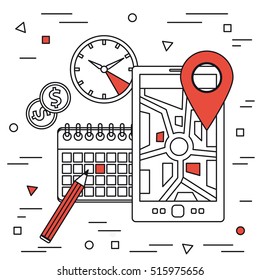 Vector square line art concept of monitoring freight transport. Tracking of cargo during shipping. Smartphone with location place of load, clock, calendar and money coins on white background