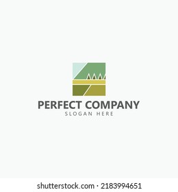 Vector square logo with abstract mountainous scenery. Logo for company, art gallery, personal branding, product, brand, and organization.