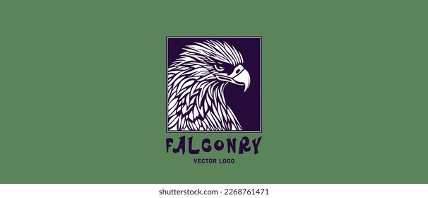 Vector square logo with the inscription falconry. Monochrome stencil. Portrait of a falcon head or eagle. Green background.