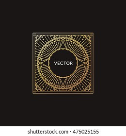 Vector square logo and monogram design element in trendy vintage and mono line style with copy space for text in golden colors on black background - abstract emblem and packaging template