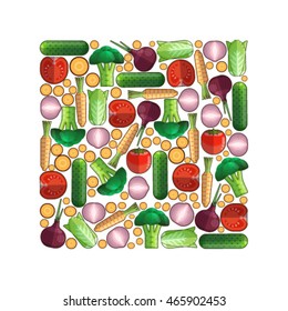 Vector square made of vegetables on white background.