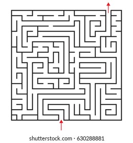 Vector square maze with entrance and exit. Black and white drawing with red arrows.