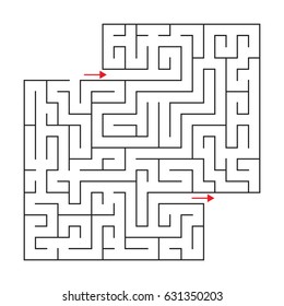 Vector square maze with entrance and exit. Black and white drawing with red arrows.