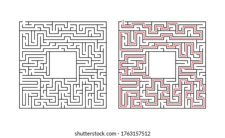 Vector square maze isolated on white background. Education logic game labyrinth for kids. With the solution.