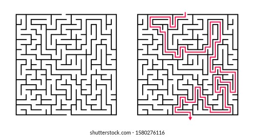 Vector Square Maze - Labyrinth with Included Solution in Black & Red. Funny & Educational Mind Game for Coordination, Problems Solving, Decision Making Skills Test.