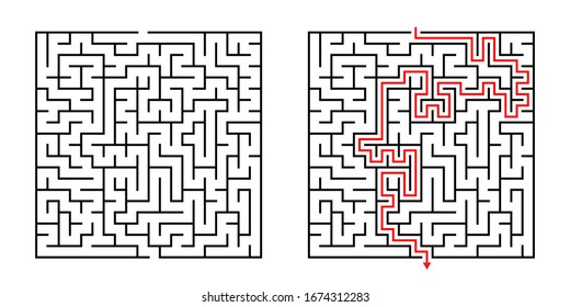 Vector Square Maze - Labyrinth with Included Solution in Black & Red. Funny & Educational Mind Game for Coordination, Problems Solving, Decision Making Skills Test.