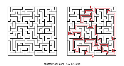 Vector Square Maze - Labyrinth with Included Solution in Black & Red. Funny & Educational Mind Game for Coordination, Problems Solving, Decision Making Skills Test.