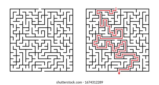 Vector Square Maze - Labyrinth with Included Solution in Black & Red. Funny & Educational Mind Game for Coordination, Problems Solving, Decision Making Skills Test.