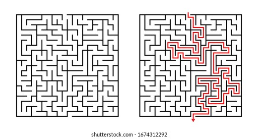 Vector Square Maze - Labyrinth with Included Solution in Black & Red. Funny & Educational Mind Game for Coordination, Problems Solving, Decision Making Skills Test.