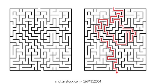 Vector Square Maze - Labyrinth with Included Solution in Black & Red. Funny & Educational Mind Game for Coordination, Problems Solving, Decision Making Skills Test.