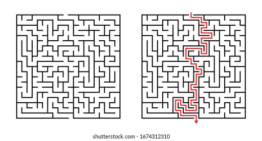 Vector Square Maze - Labyrinth with Included Solution in Black & Red. Funny & Educational Mind Game for Coordination, Problems Solving, Decision Making Skills Test.