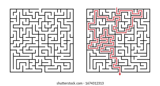 Vector Square Maze - Labyrinth with Included Solution in Black & Red. Funny & Educational Mind Game for Coordination, Problems Solving, Decision Making Skills Test.