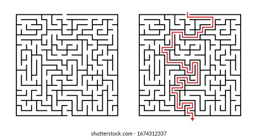 Vector Square Maze - Laberinto con solución incluida en negro y rojo. Juego de Mente Gracioso y Educativo para la Coordinación, Solución de Problemas, Prueba de Habilidades de Toma de Decisiones.