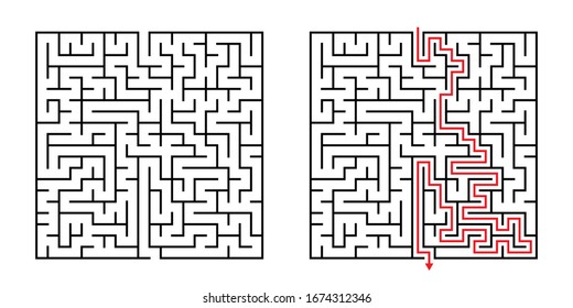 Vector Square Maze - Laberinto con solución incluida en negro y rojo. Juego de Mente Gracioso y Educativo para la Coordinación, Solución de Problemas, Prueba de Habilidades de Toma de Decisiones.