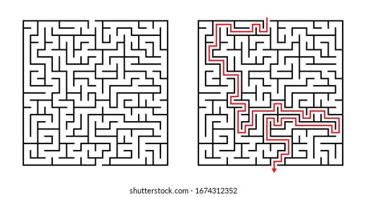 Vector Square Maze - Laberinto con solución incluida en negro y rojo. Juego de Mente Gracioso y Educativo para la Coordinación, Solución de Problemas, Prueba de Habilidades de Toma de Decisiones.