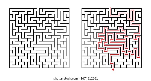 Vector Square Maze - Labyrinth with Included Solution in Black & Red. Funny & Educational Mind Game for Coordination, Problems Solving, Decision Making Skills Test.