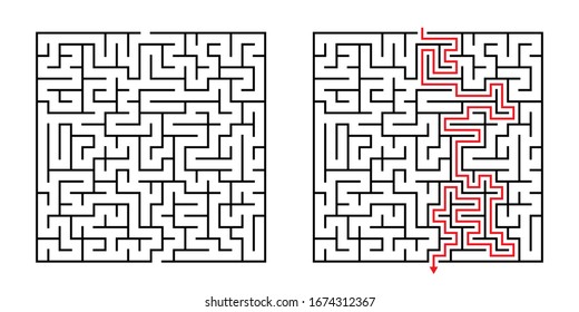 Vector Square Maze - Labyrinth with Included Solution in Black & Red. Funny & Educational Mind Game for Coordination, Problems Solving, Decision Making Skills Test.