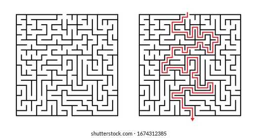 Vector Square Maze - Labyrinth with Included Solution in Black & Red. Funny & Educational Mind Game for Coordination, Problems Solving, Decision Making Skills Test.