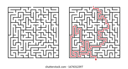 Vector Square Maze - Labyrinth with Included Solution in Black & Red. Funny & Educational Mind Game for Coordination, Problems Solving, Decision Making Skills Test.