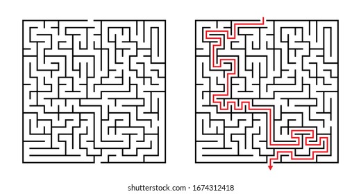 Vector Square Maze - Labyrinth with Included Solution in Black & Red. Funny & Educational Mind Game for Coordination, Problems Solving, Decision Making Skills Test.