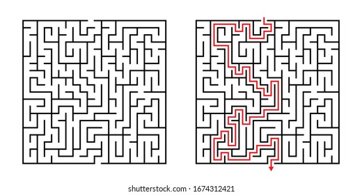 Vector Square Maze - Labyrinth with Included Solution in Black & Red. Funny & Educational Mind Game for Coordination, Problems Solving, Decision Making Skills Test.