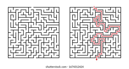 Vector Square Maze - Laberinto con solución incluida en negro y rojo. Juego de Mente Gracioso y Educativo para la Coordinación, Solución de Problemas, Prueba de Habilidades de Toma de Decisiones.