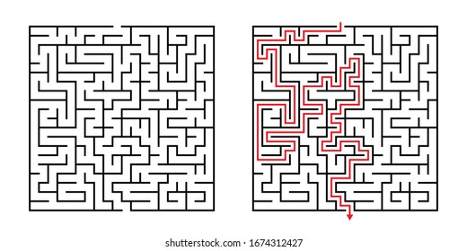 Vector Square Maze - Labyrinth with Included Solution in Black & Red. Funny & Educational Mind Game for Coordination, Problems Solving, Decision Making Skills Test.