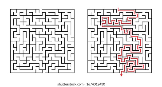 Vector Square Maze - Laberinto con solución incluida en negro y rojo. Juego de Mente Gracioso y Educativo para la Coordinación, Solución de Problemas, Prueba de Habilidades de Toma de Decisiones.