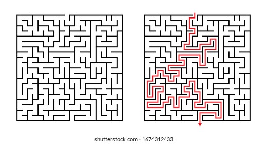 Vector Square Maze - Laberinto con solución incluida en negro y rojo. Juego de Mente Gracioso y Educativo para la Coordinación, Solución de Problemas, Prueba de Habilidades de Toma de Decisiones.